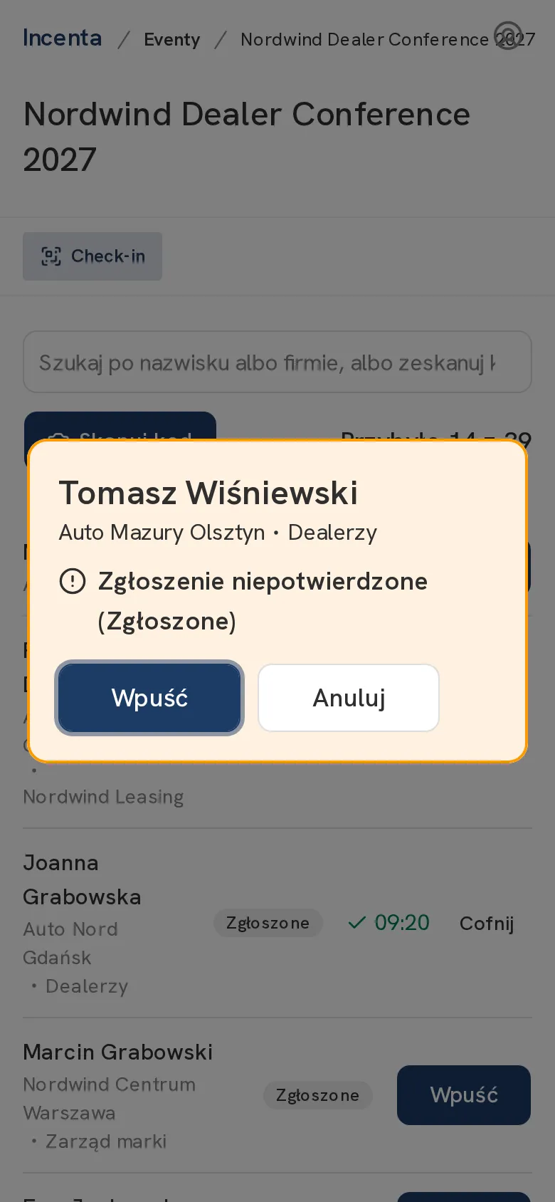 Po skanie kodu na telefonie: okno "Wpuść"