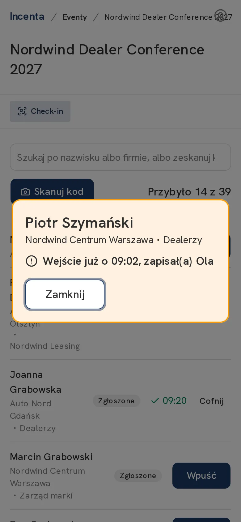 Skan wejściówki przy wejściu